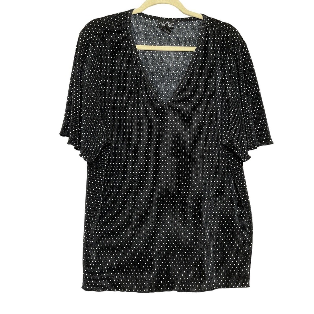 Russell Kemp Woman’s Black White Polka Dot Pleated V -Neck Blouse Size 2X